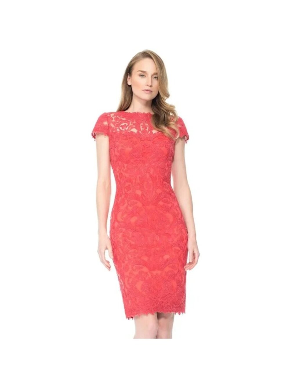 Tadashi Shoji Embroidered tulle cap sleeve dress size 4 color red NWT mspr $408